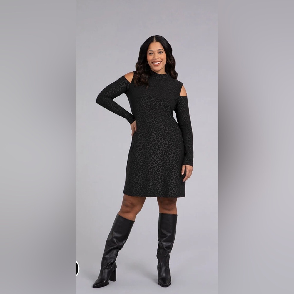 Sympli | Animal Print Turtleneck Cutout Shoulder Dress